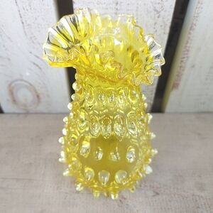 Vtg Italian Empoli Hobnail Vase Yellow Fluted Rim Vaseline Glass Glows Orange